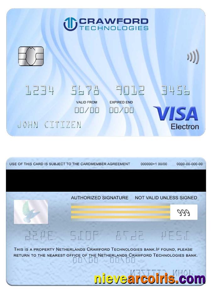 Netherlands (Holland) Crawford Technologies Bank Visa Electron Card Template