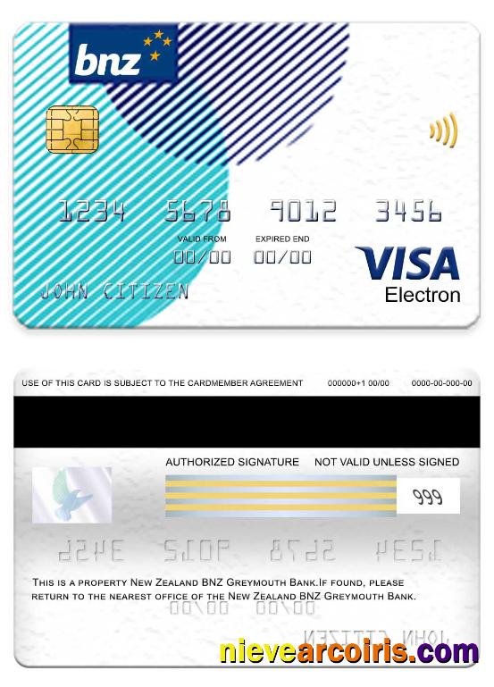 New Zealand BNZ Greymouth Bank Visa Electron Card Sample