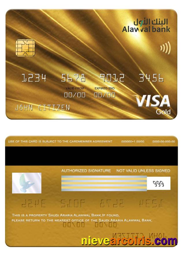 Saudi Arabia Alawwal Bank Visa Gold Card Template
