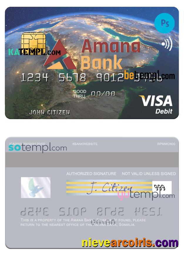 Professional Somalia Amana Bank Visa Debit Credit Card Template In PSD Format