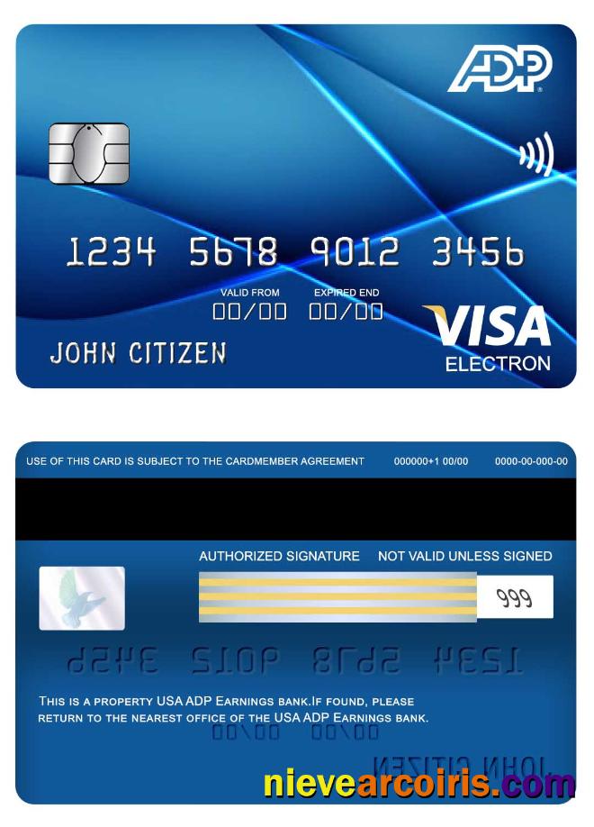 USA ADP Earnings Bank Visa Electron Card Sample