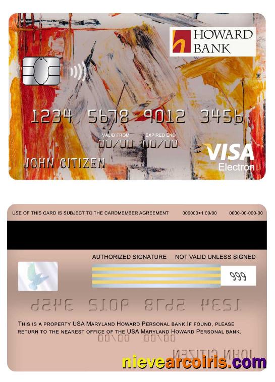 USA Maryland Howard Personal Bank Visa Electron Card Sample