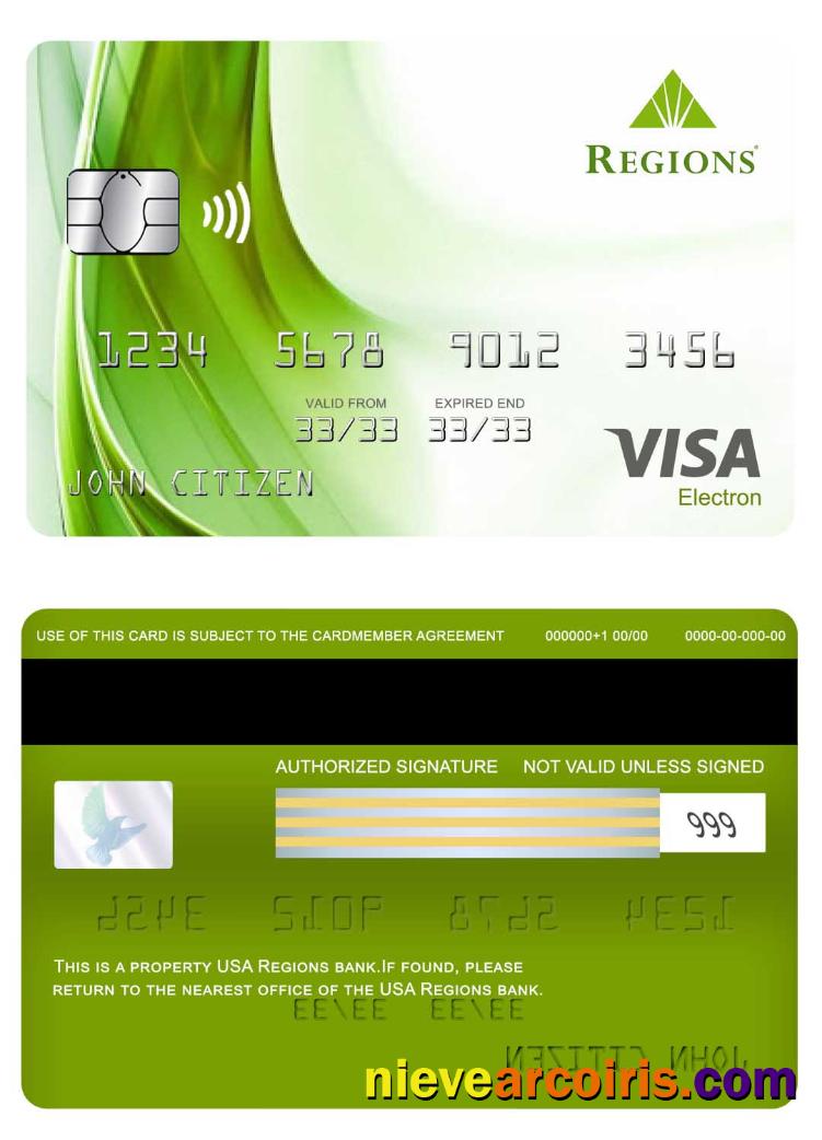USA Regions Bank Visa Electron Card Sample