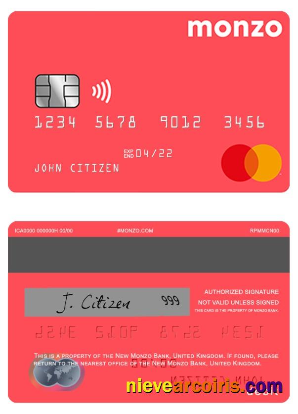 United Kingdom Monzo Bank Debit Mastercard Sample