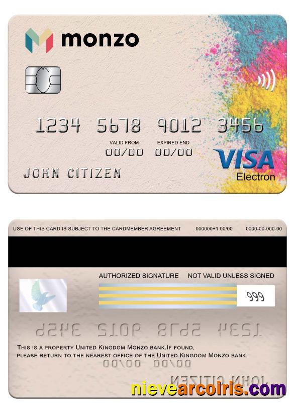United Kingdom Monzo Bank Visa Electron Card Photolook