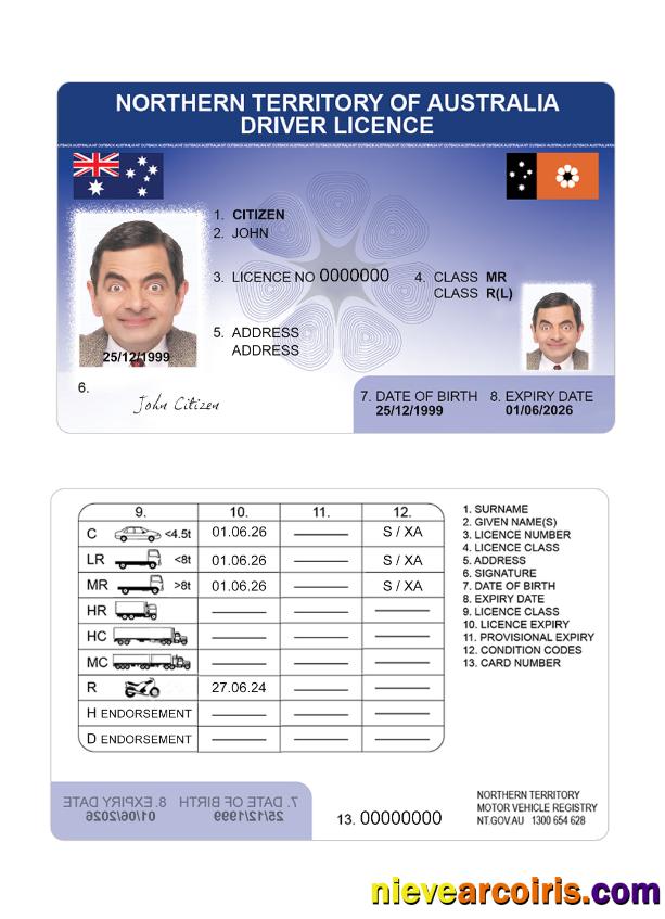 Australia Northern Territory Driving License Sample