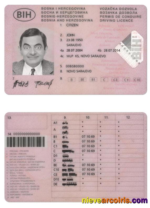 BOSNIA AND HERZEGOVINA Driving License Sample