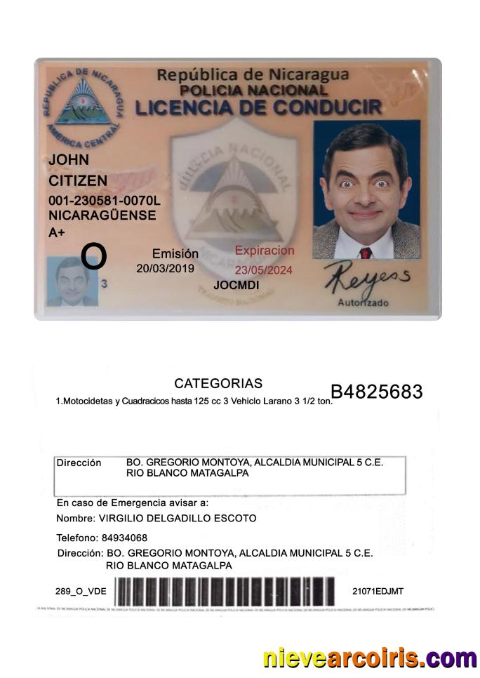 Nicaragua Driving License 2019 Present Sample