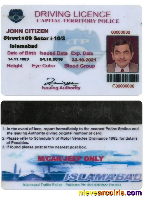 PAKISTAN (ISLAMABAD) Driving License Version 2 Sample