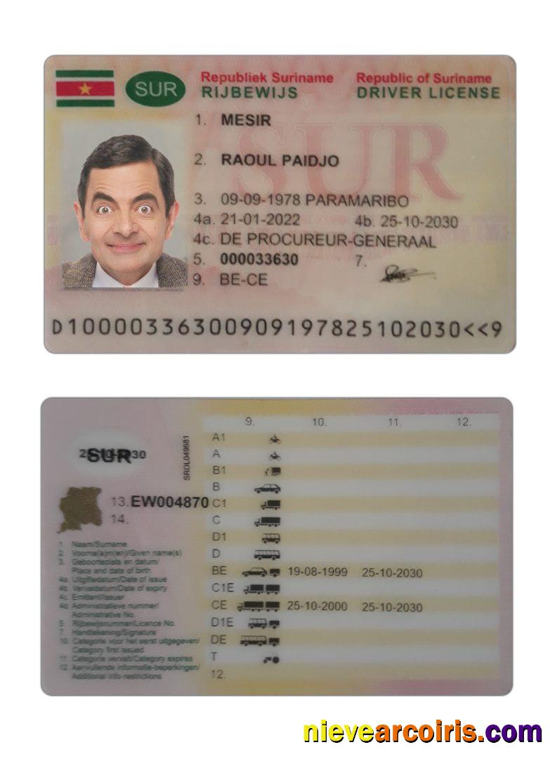 Suriname Driving License 2022 Present Template