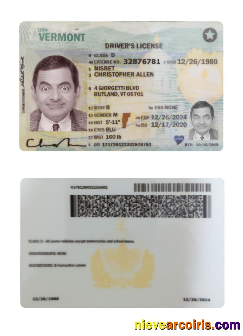 USA Vermont Driving License 2020 Present Sample