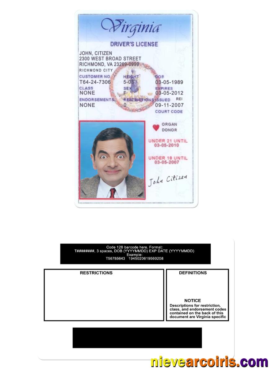 USA Virginia Driving License Under 21 Template