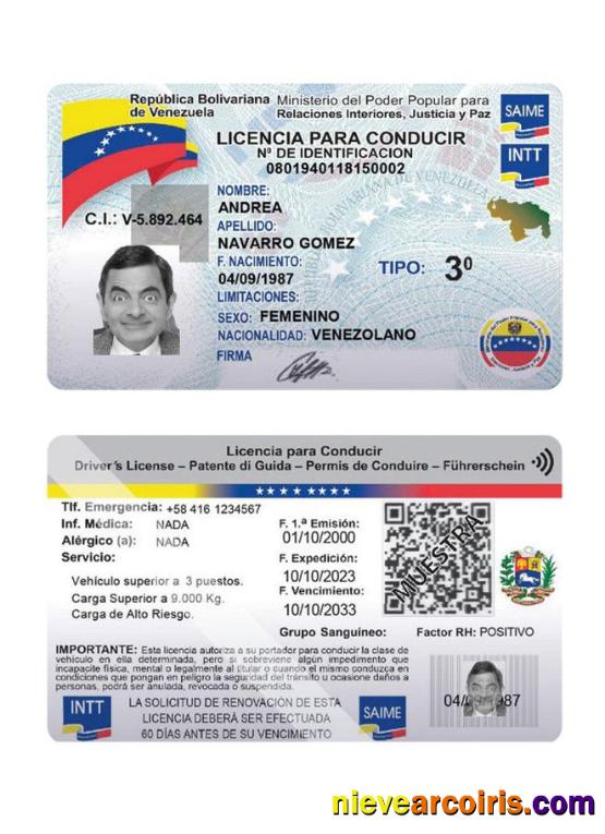 Venezuela Driving License 2023 Present Template