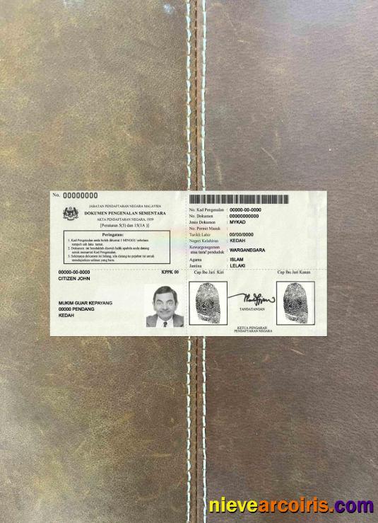 Malaysia Temporary Identification Certificate 2016 Photolook Sample