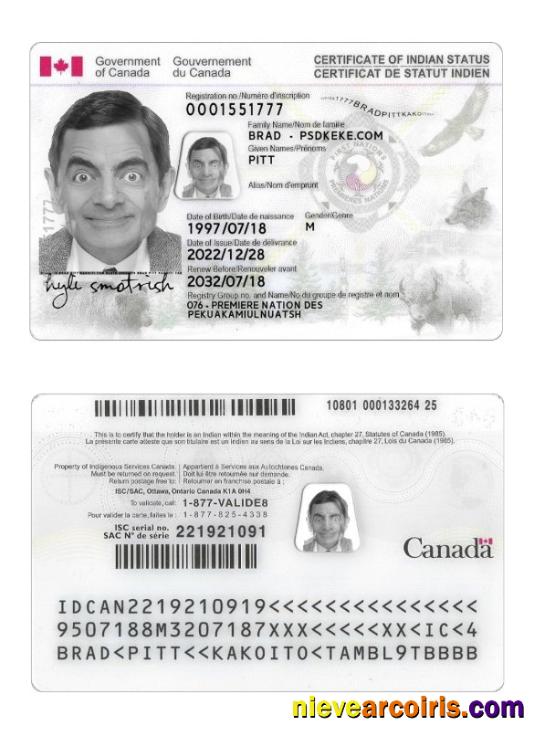 Canada Indian Status ID Card Template
