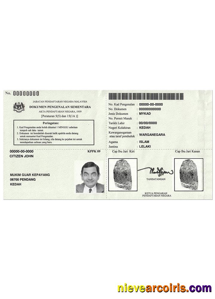 MALAYSIA Temporary Identification Certificate 2016 Template
