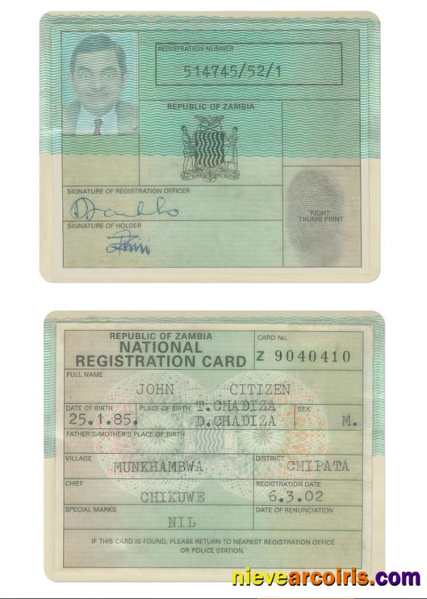 ZAMBIA National Registration Card Sample