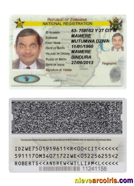Zimbabwe National Registration ID Card Sample