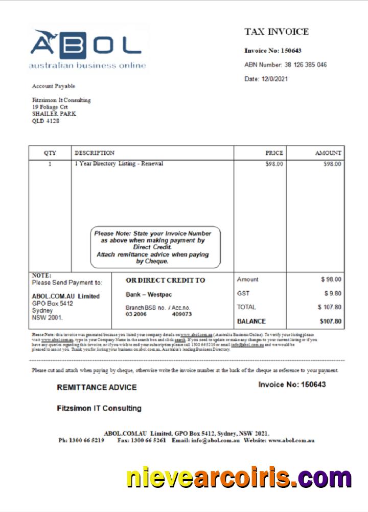Australia ABOL Marketing Consultancy Company Invoice Sample