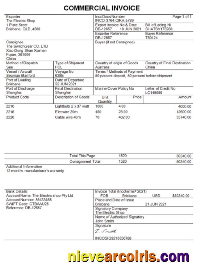 Australia Commercial Invoice Company Invoice Preview