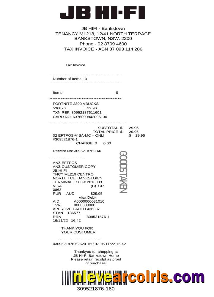 Australia JB Hi Fi Tax Invoice Preview