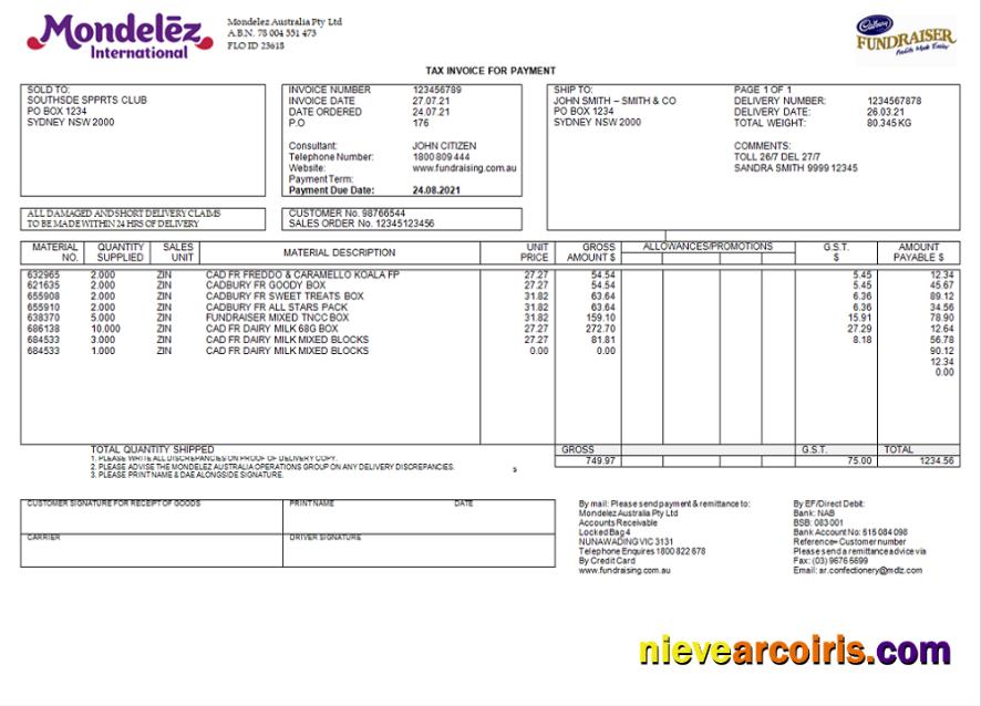 Australia Mondelez Holdings Pty Ltd Invoice Template