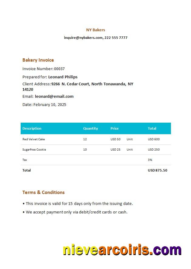 Bakery Invoice Sample