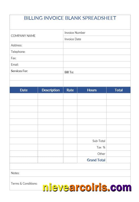 Professional Billing Invoice Blank Spreadsheet Template