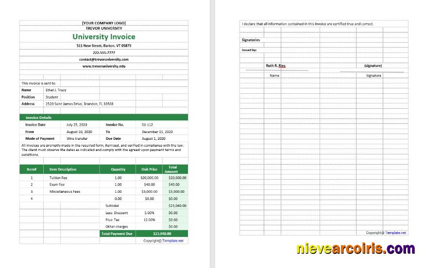 Editable Blank University Invoice Template