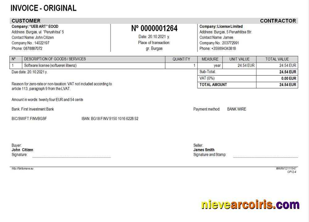 Bulgary UEB ART EOOD Company Invoice Sample
