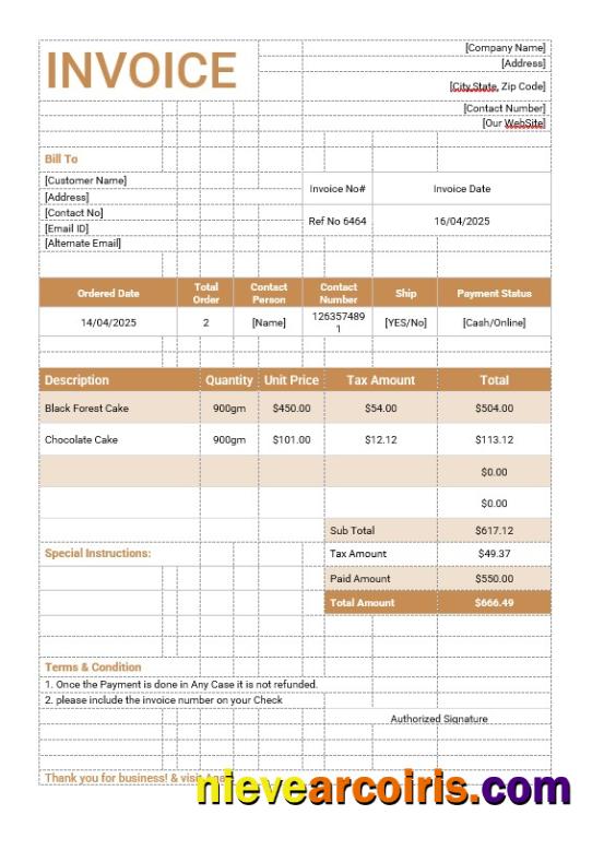 Realistic Cake Order Invoice Template