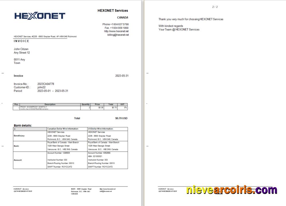 Professional Canada Hexonet Services Invoice Word And PDF Template