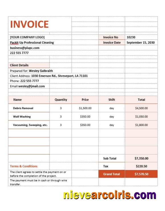 Realistic Cleaning Services Contract Agreement Invoice Template