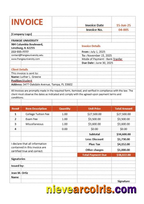 Realistic College Tuition Invoice Template