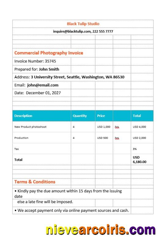 Editable Commercial Photography Invoice Template