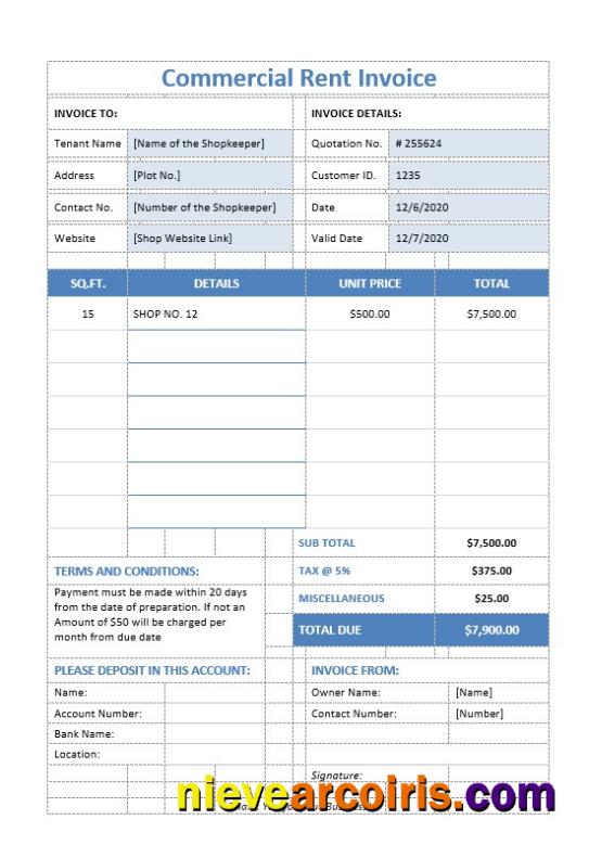 Professional Commercial Rent Invoice Template