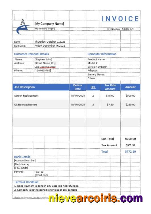 Editable Computer Repair Invoice Template