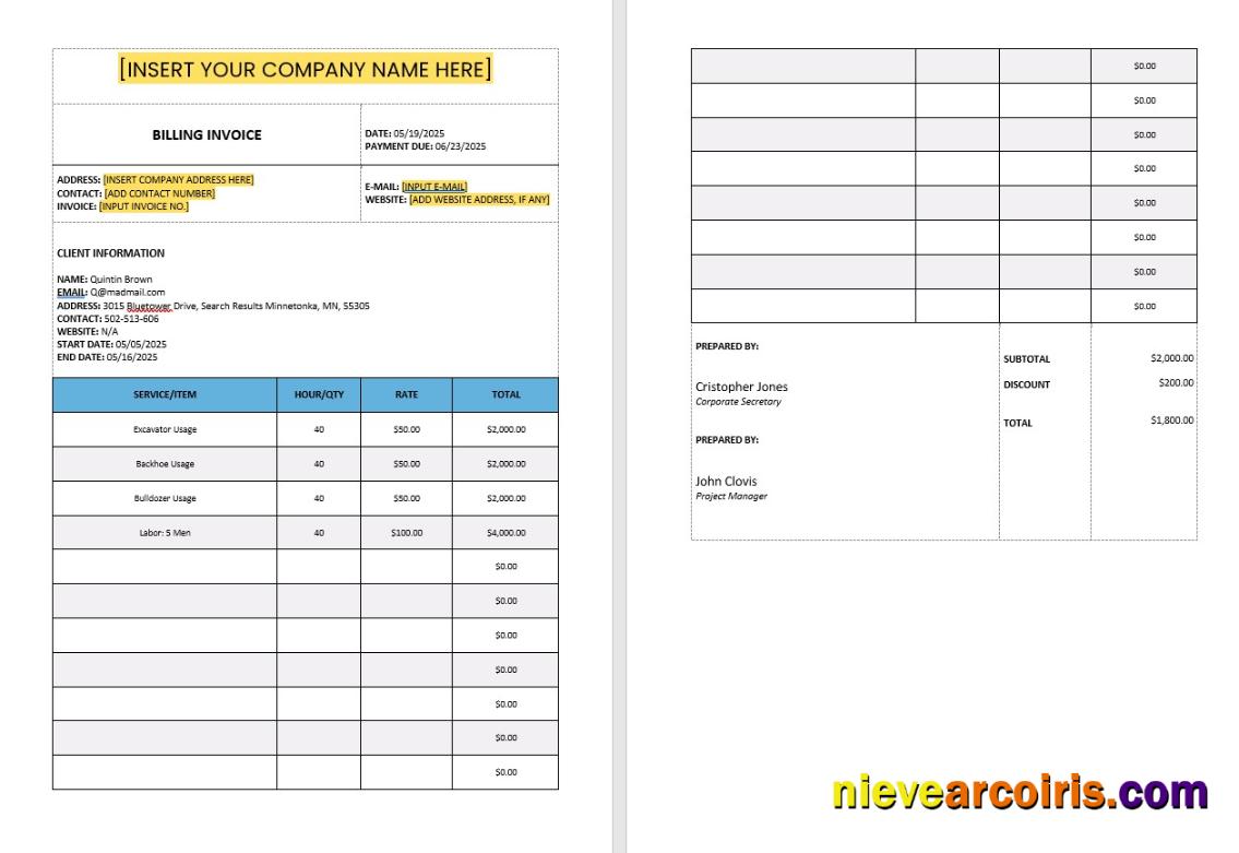 Editable Construction Billing Invoice Template