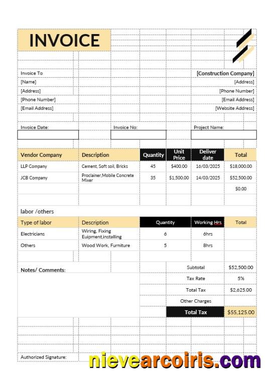 Editable Construction Estimate Invoice Template