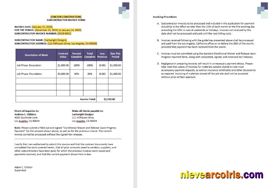 Professional Construction Subcontractor Invoice Template