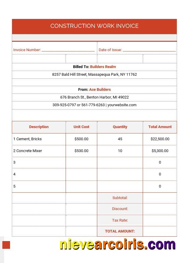 Professional Construction Work Invoice Template