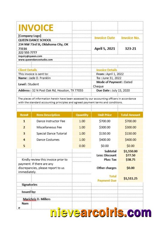 Premium Dance School Invoice Template