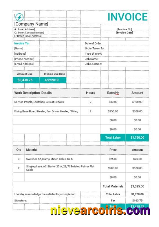 Premium Electrical Work Order Invoice Template