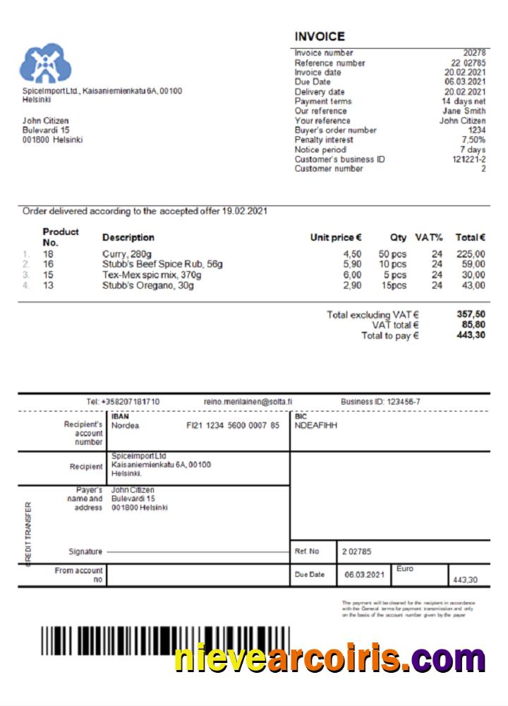 Finland SpiceImport Ltd Invoice Template