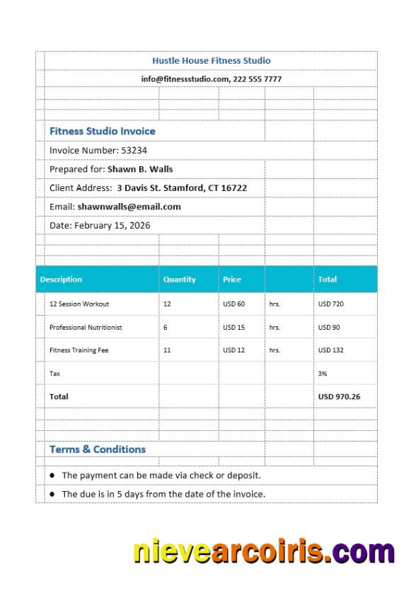 Editable Fitness Studio Invoice Template