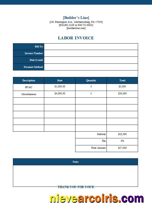 Professional Free Labor Invoice Template