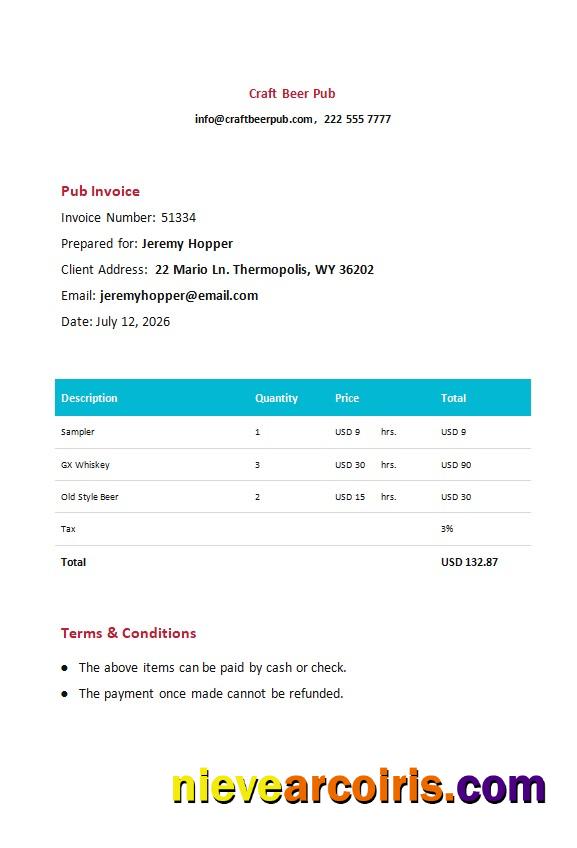 Premium Free Pub Invoice Template