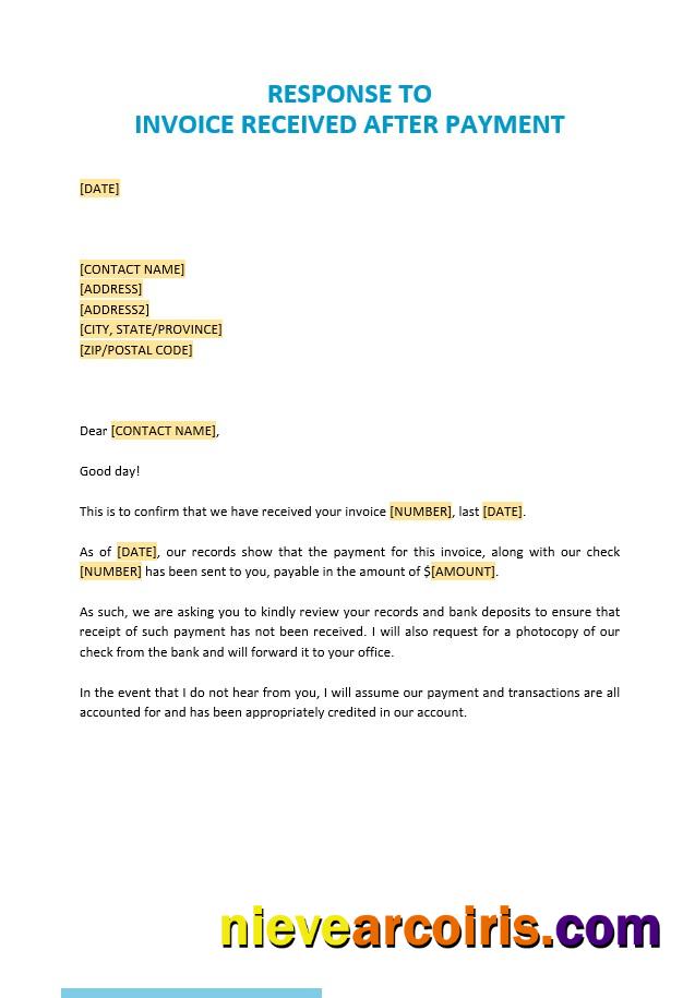 Professional Free Response To Invoice Received After Payment Template