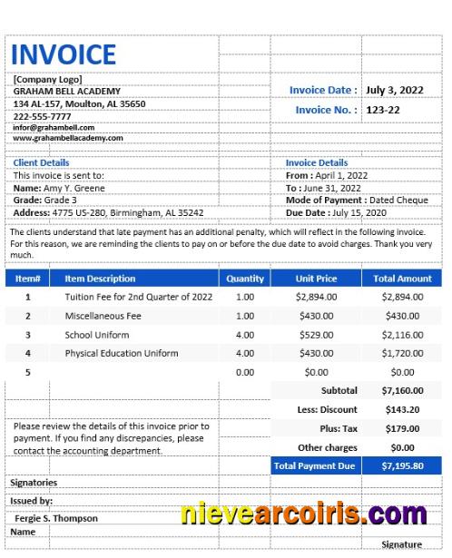 Realistic Free Sample School Invoice Template