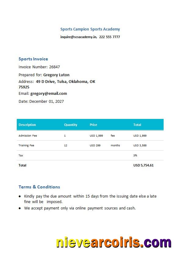 Professional Free Sports Invoice Template